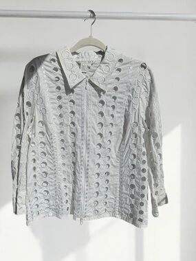 SPANNER Eyelet Full Zip Up Collared Blouse White Size XL
